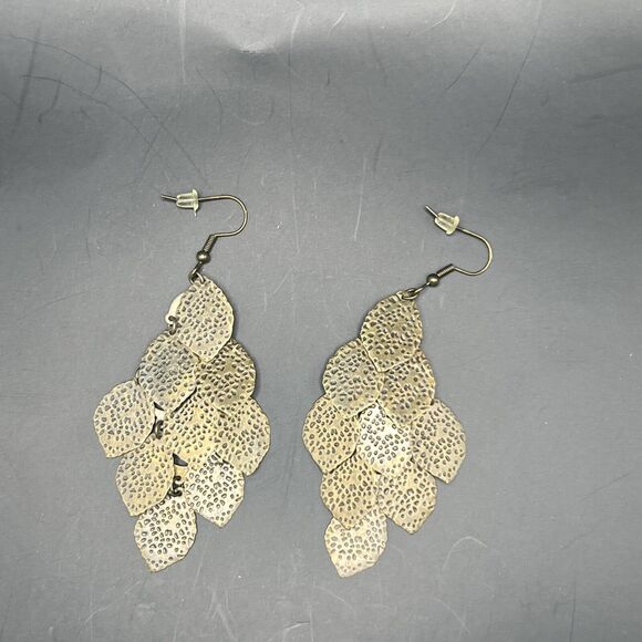 Earrings Brass Chandelier Boho Layered Earthy Leaf Hook Back Lightweight - Picture 3 of 7